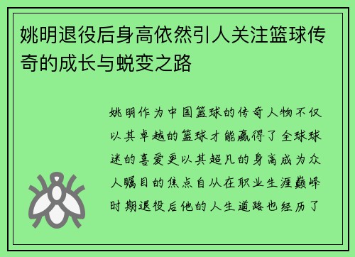 姚明退役后身高依然引人关注篮球传奇的成长与蜕变之路